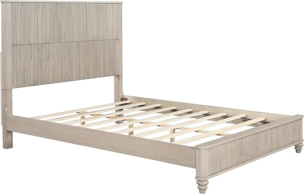 Queen Size Solid Wood Platform Bed Frame, Solid Wood Bed with 63.58' Headboard, Solid Wood Leg/No Box Spring Needed/Noise Free/Beige