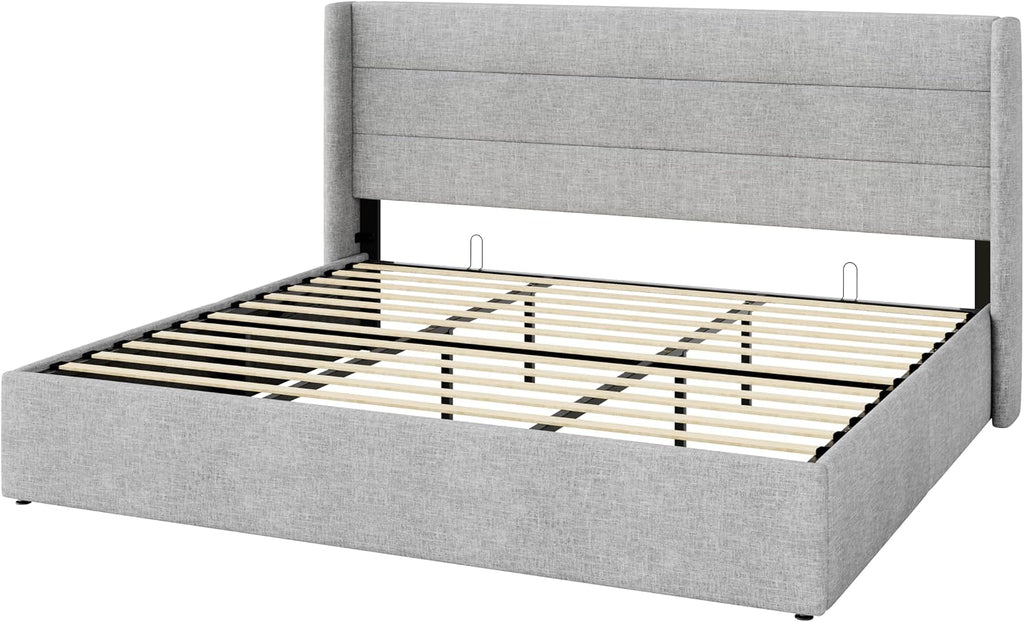 SHA CERLIN King Size Lift Up Storage Bed/Modern Wingback Headboard/Upholstered Platform Bed Frame/Hydraulic Storage/No Box Spring Needed/Wood Slats Support/Light Grey