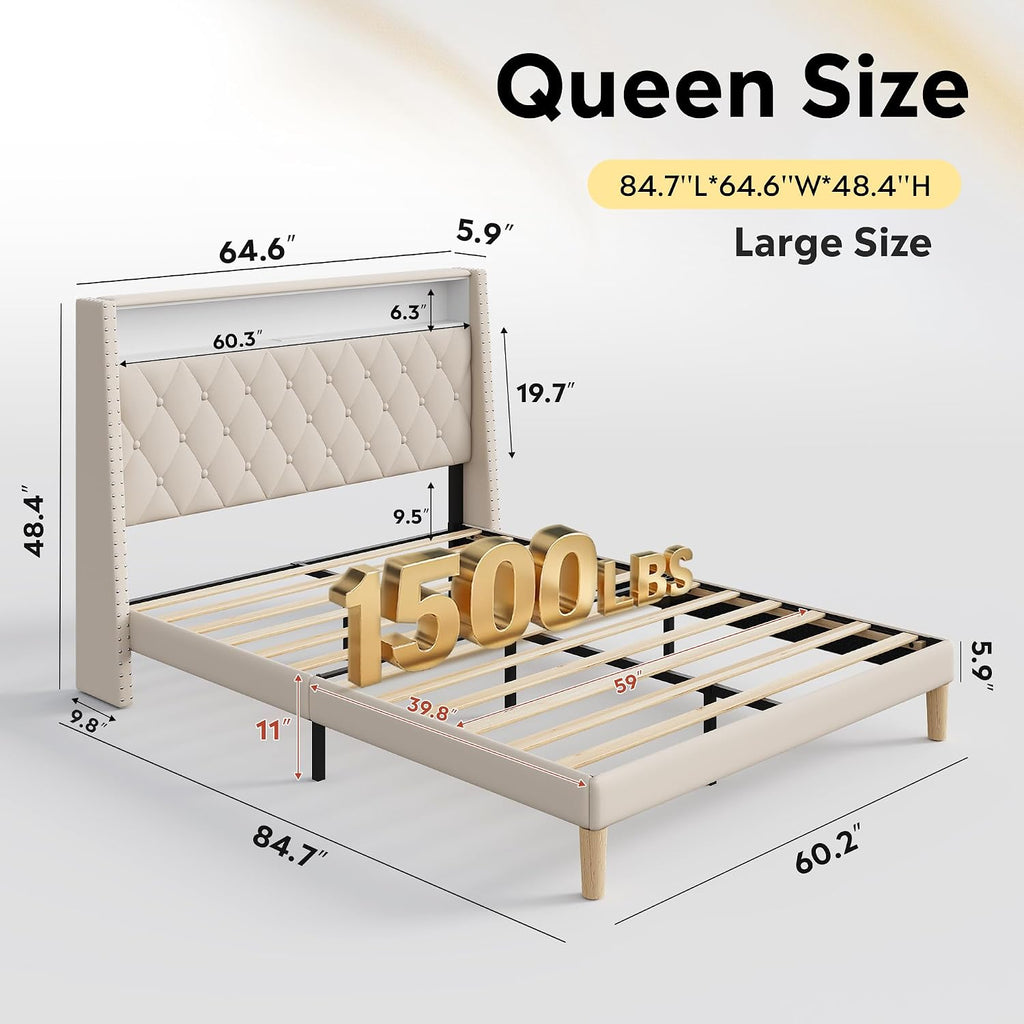WLIVE Queen Size Upholstered Bed Frame with 48'' Tall Wingback Headboard, Velvet Square Tufted Platform Beds with Charging Station, Sturdy Metal & Wooden Slats Support, Beige