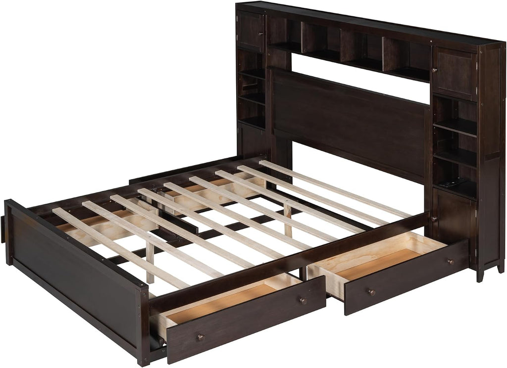 Harper & Bright Designs Queen Storage Bed with Bookcase Headboard, Queen Size Platform Bed with 4 Storage Drawers, Solid Wood Queen Bed Frame with Cabinet and Shelf, No Box Spring Needed (Espresso)
