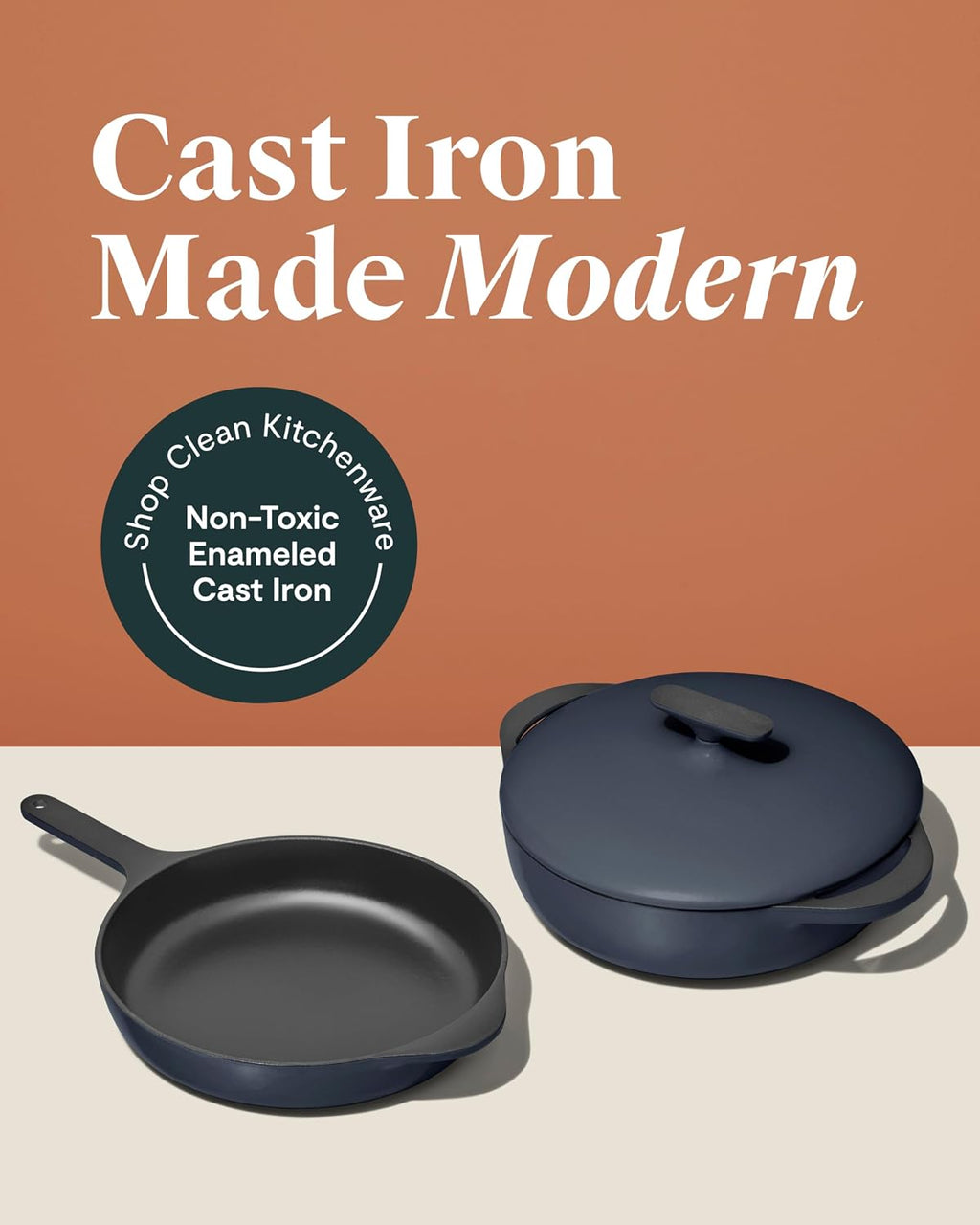Caraway 10.5' Cast Iron Skillet and 3.5qt Braiser Pan Duo - 3 Layer Enamel Coating - No Seasoning Required - Compatible With All Stovetops - Oven Safe - Free From Forever Chemicals - Midnight Blue