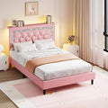 Twin Bed Frame with Storage Headboard, Upholstered Platform Bed Frame with Diamond Tufted Headboard and LED Lights, Wooden Slats Support, Noise Free, No Box Spring Needed, Easy Assembly, Pink