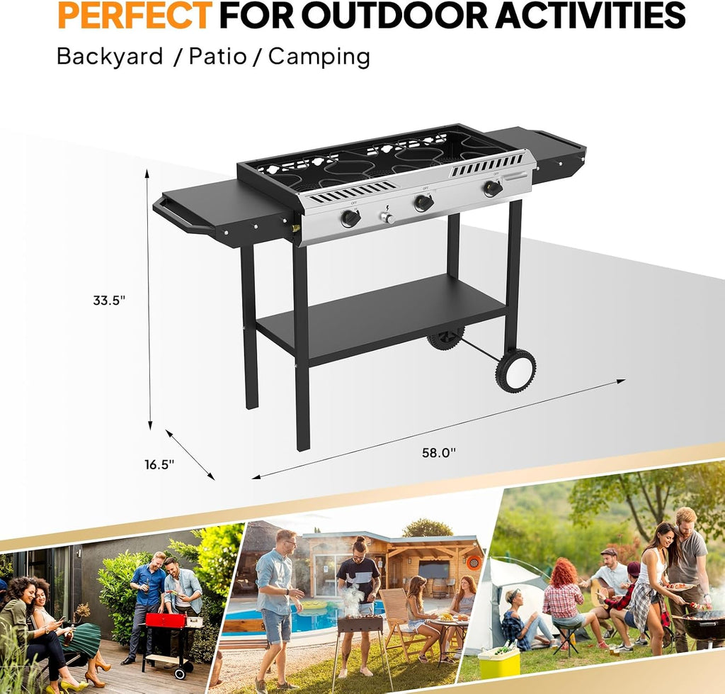 Bonnlo 3 Burner Propane Stove with Inginition, 225000BTU Gas Stove with Side Table Storage Shelf and Portable Rolling Wheels, Gas Burner for Outdoor Camping Patio Backyard Cooking Boiling Frying