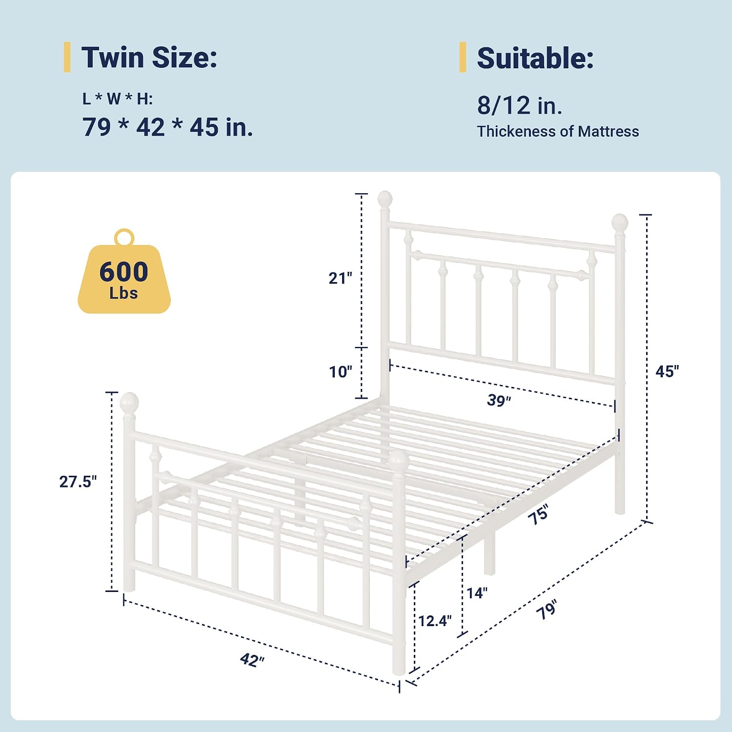 Allewie 14 Inch Twin Size Metal Platform Bed Frame with Victorian Vintage Headboard and Footboard/Mattress Foundation/Under Bed Storage/No Box Spring Needed/Easy Assembly/Noise Free/White