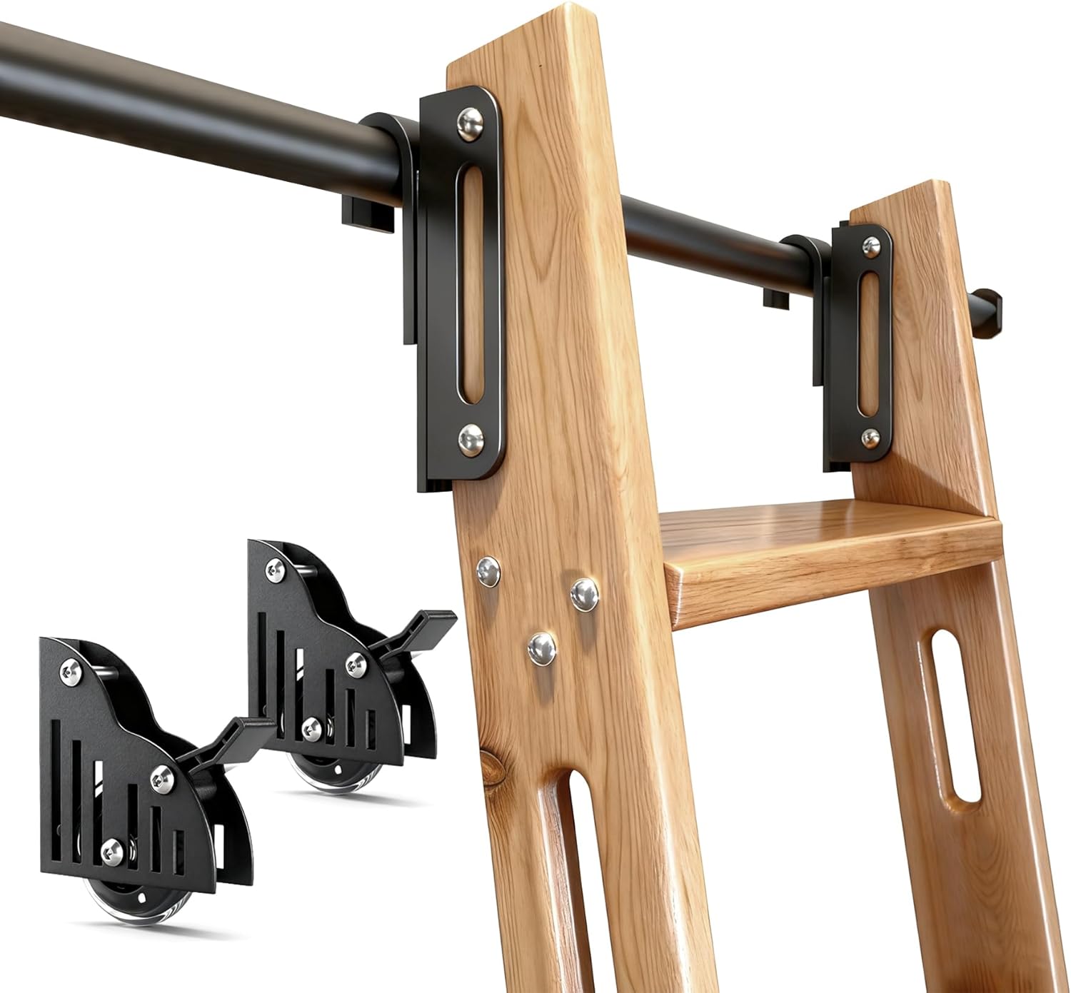 10FT Sliding Library Ladder Hardware Kit,Black Telescopic Top Hook,Bottom Wheel with Brake,MAX Load 300lbs,No Ladder