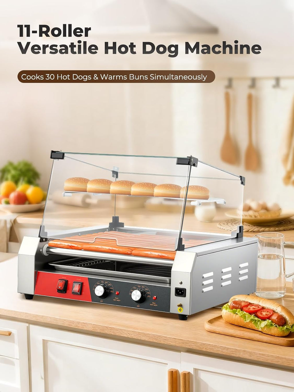 HOUSNAT Hot Dog Roller, 11 Rollers 30 Hot Dogs Capacity, 1650W Stainless Steel Hot Dog Machine with Dual Temperature Control, Bun Warmer Shelf, Glass Hood & Removable Drip Tray for Kitchen Restaurant
