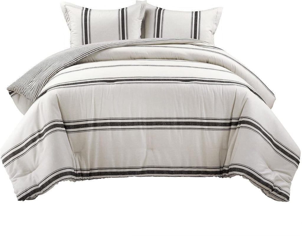 Lush Decor Farmhouse Stripe Reversible Cotton Comforter Set, 3 Piece Set, California King, Black - Cozy Farmhouse Bedding Set - Rustic Decor - Striped Comforter - Modern Farmhouse Bedroom Decor