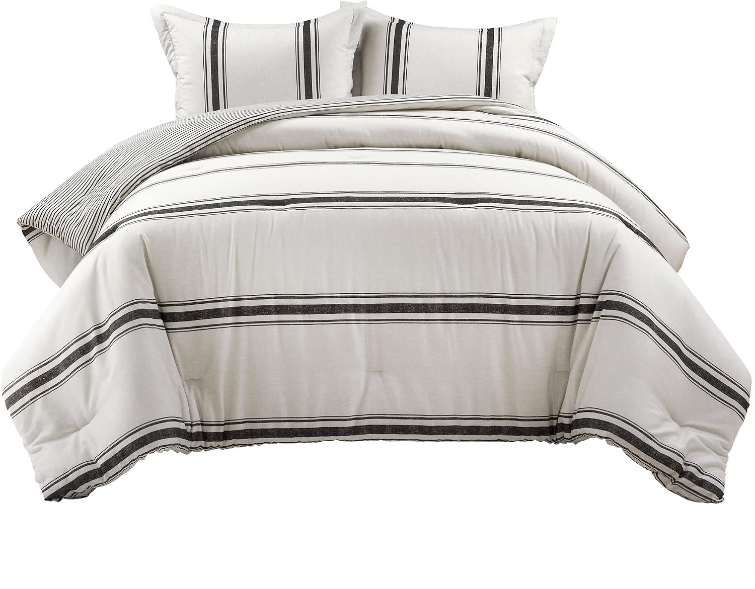 Lush Decor Farmhouse Stripe Reversible Cotton Comforter Set, 3 Piece Set, California King, Black - Cozy Farmhouse Bedding Set - Rustic Decor - Striped Comforter - Modern Farmhouse Bedroom Decor
