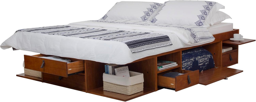 memomad Bali Slim Set: Storage Platform Bed with Drawers + Flat Panel Headboard (Queen Size, Caramel Brown Wood)