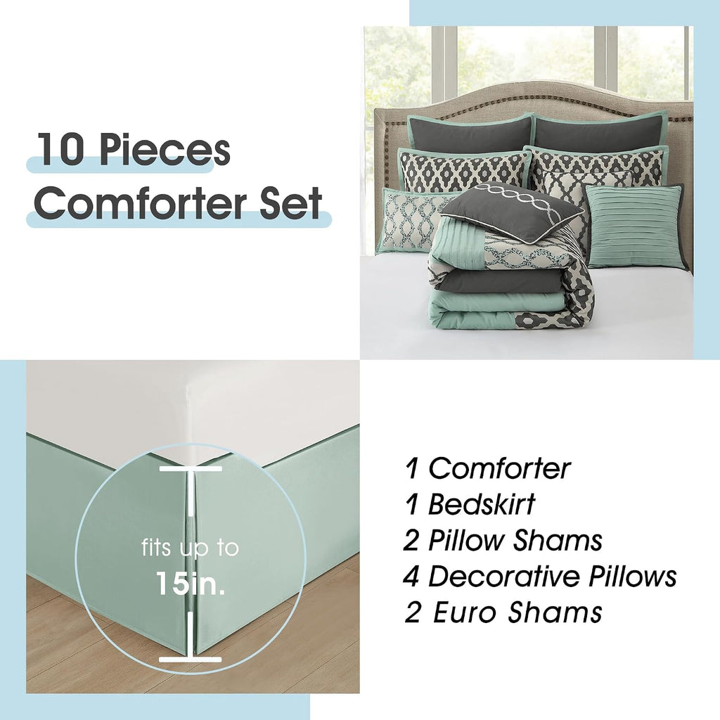 LANCO MODERN LIFESTYLE King Size Comforter Set, Blue Grey, 10 Piece Bed in a Bag for All Seasons, Luxury Extreme Comfort Bedding Sets with Bedskirt, Pillow Shams, Euro Shams and Decor Pillows