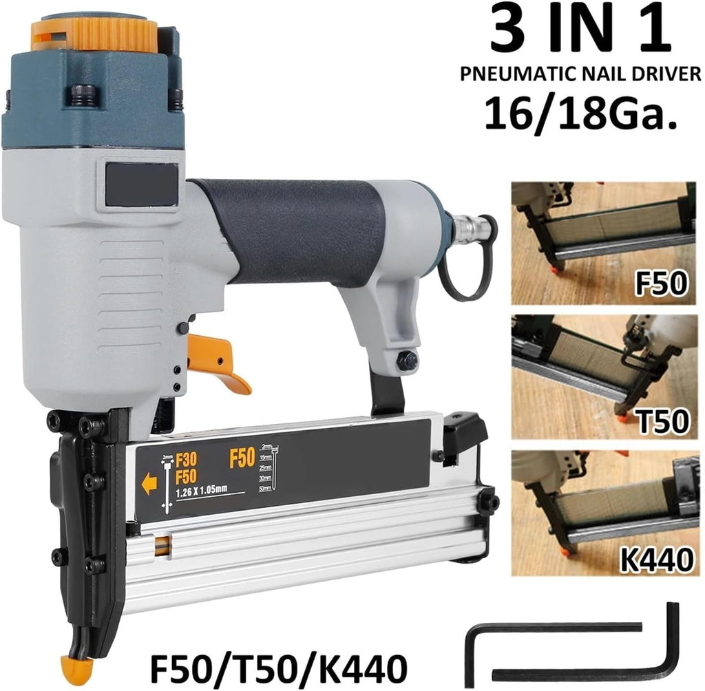 Pneumatic nail gun, Air Nailer Pneumatic Nail Tool T50 F50 440K Air Brads Nailer Nail Depth Adjustment Ergonomic And Lightweight for Floor, Truss, and Roof