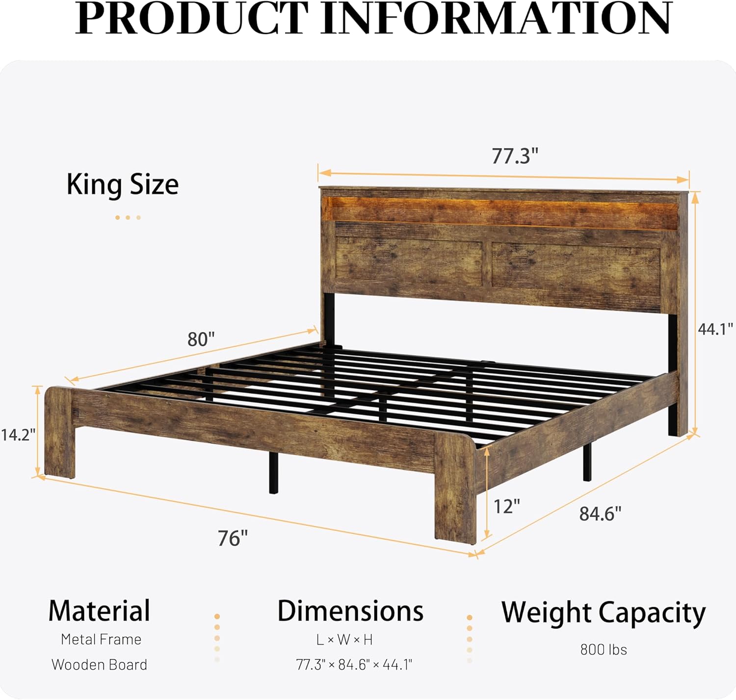 Wooden King Size Bed Frame with Headboard - Rustic Farmhouse Platform Bedframe with Metal Slat Support, Sturdy and No Noise, Easy Assembly (Rustic Brown, King)