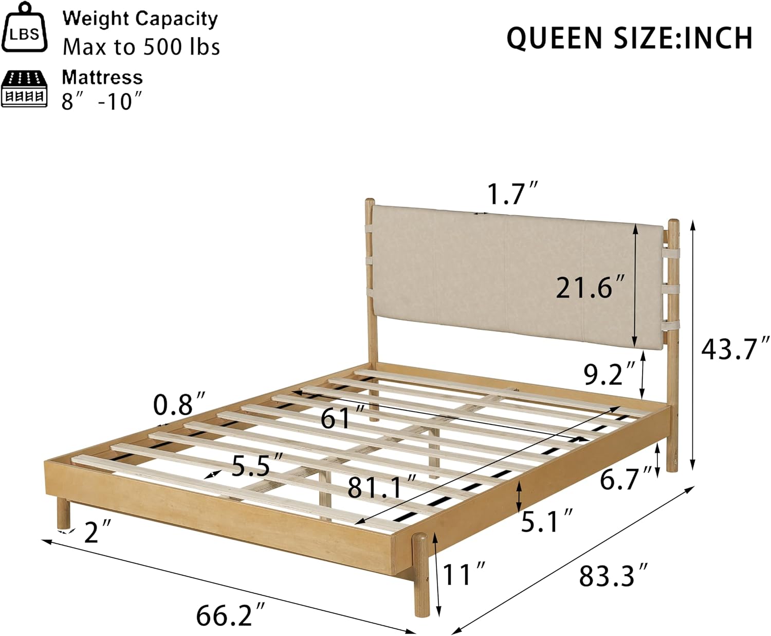 Premium Rubber Wood Platform Bed Frames, Queen Size Bed Frame with Headboard Included, Mid Century Modern Beds, Beige