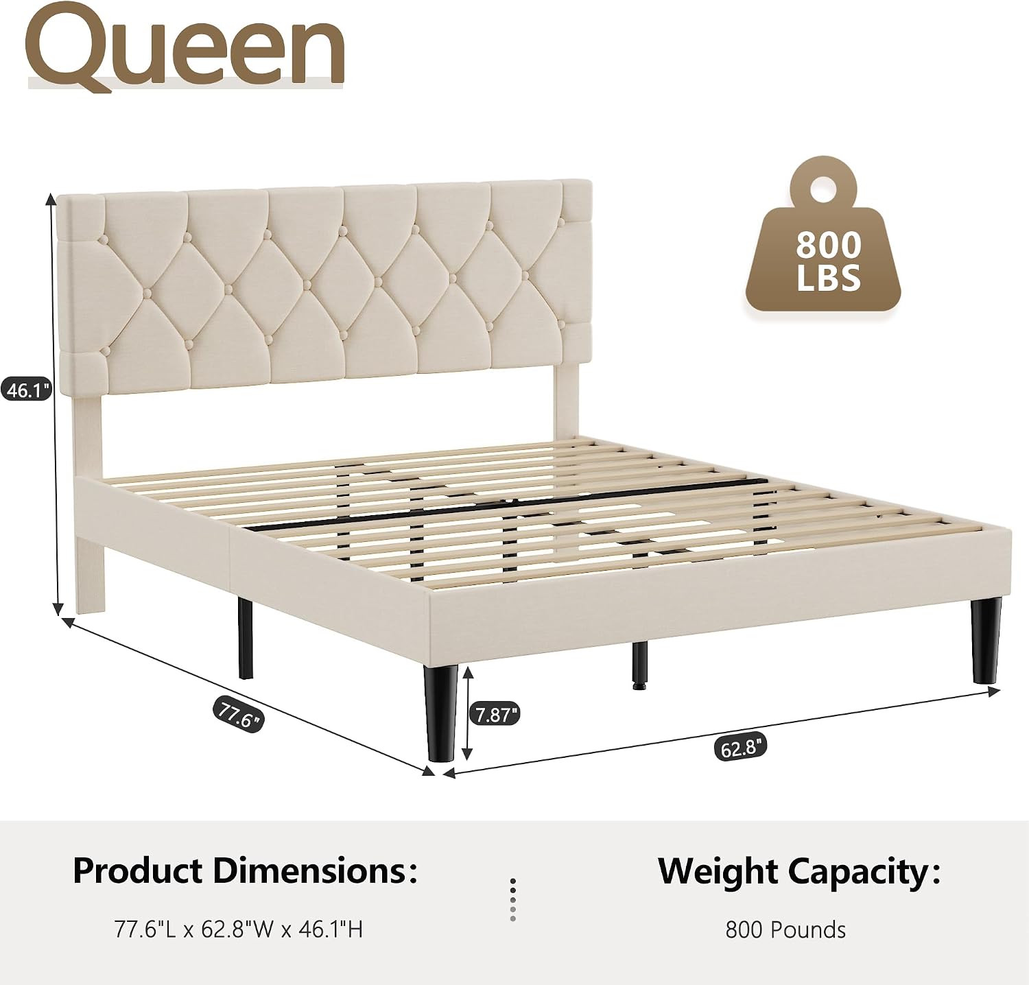 VECELO Queen Bed Frame with Button Tufted Headboard, Upholstered Platform with Wooden Slat Support, No Box Spring Needed, Cream Beige