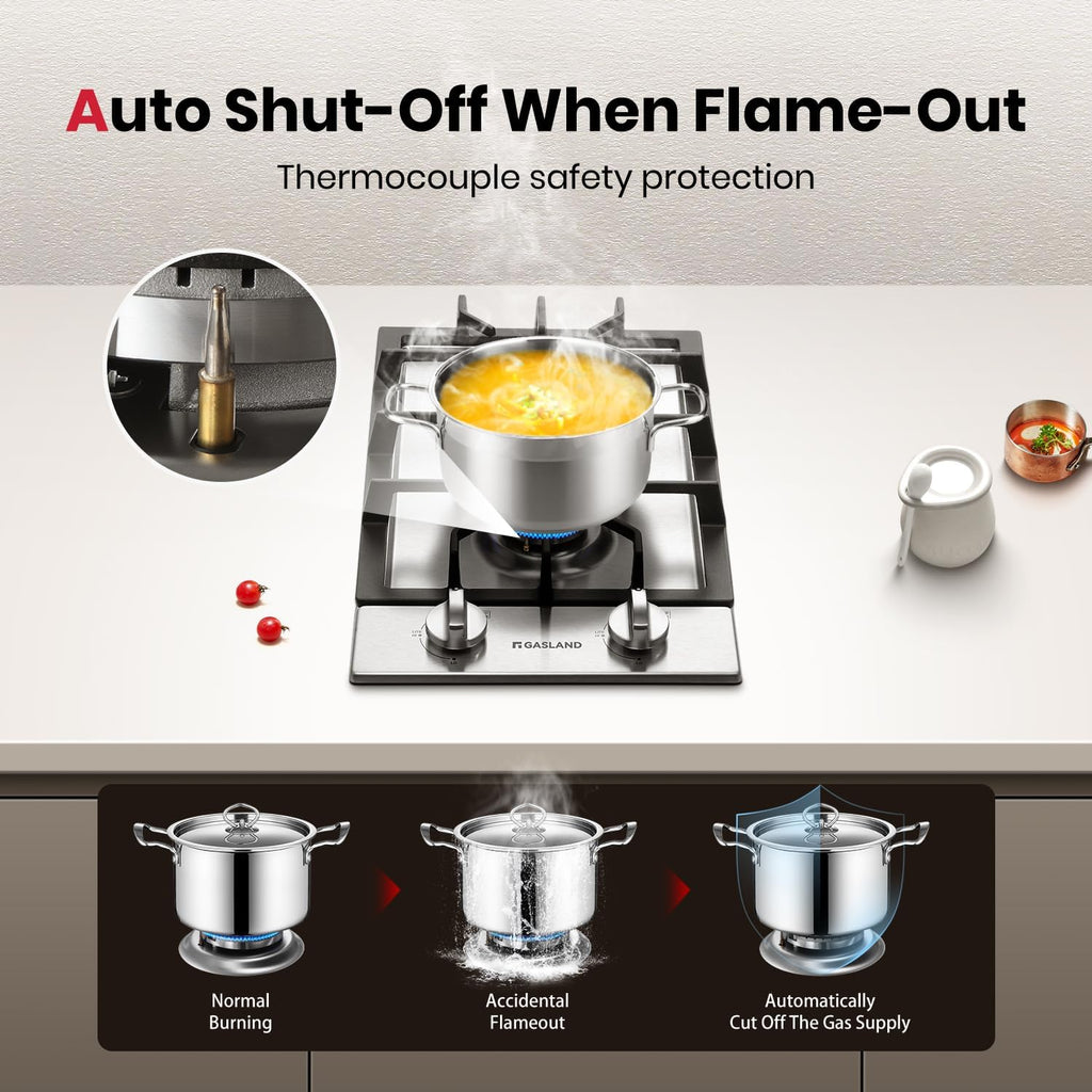 GASLAND 12 Inch Gas Cooktop 2 Burners, Drop-in Natural Gas Hob with Thermocouple Protection, LPG/NG Convertible Dual Fuel Propane Stove Top, Stainless Steel