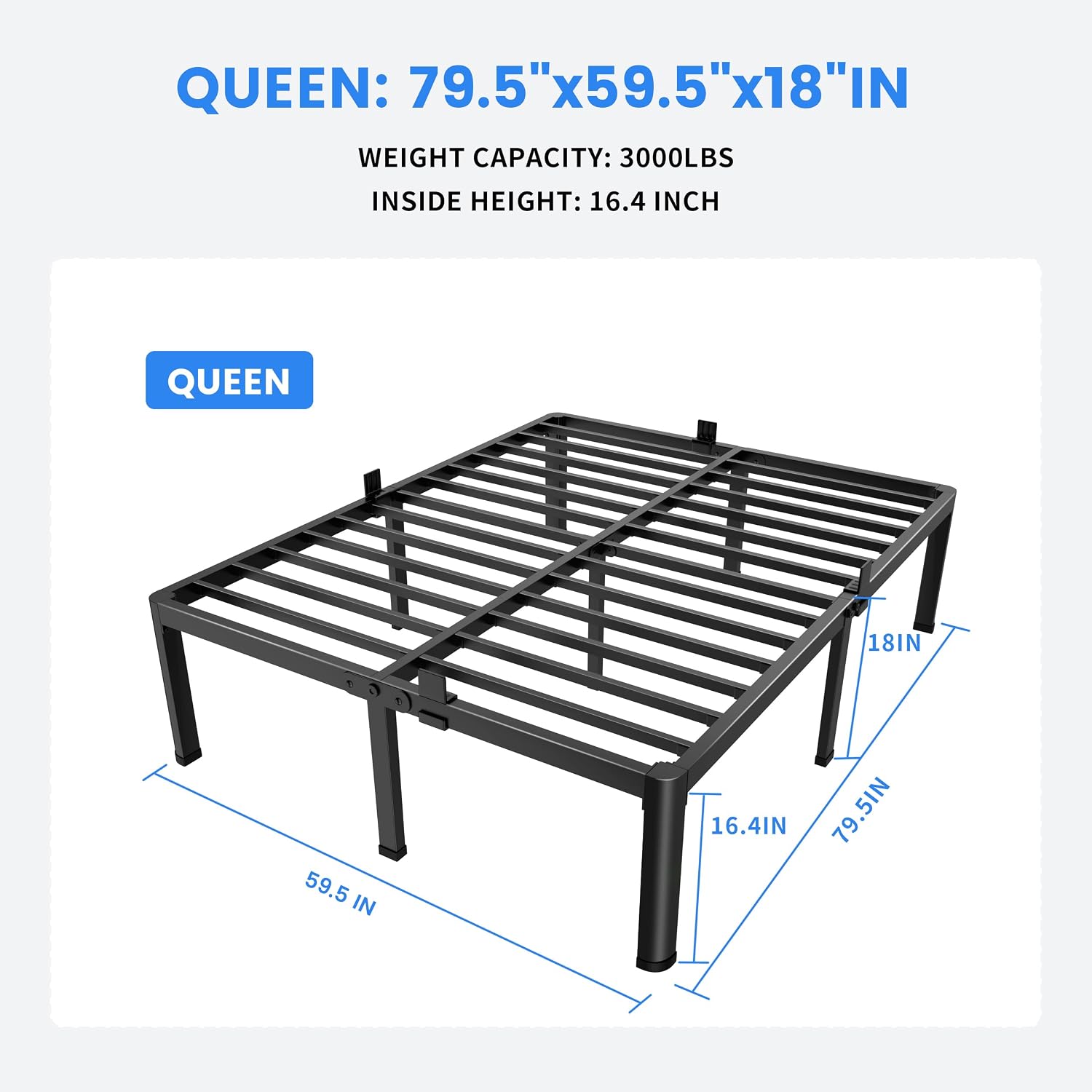 MAF 18 Inch Queen Bed Frames with Round Corner Legs Mattress Slide Stopper No Box Spring Needed Heavy Duty Metal Platform Bed Frame Under-Bed Storage Space, 3000 LBS Steel Slats Support