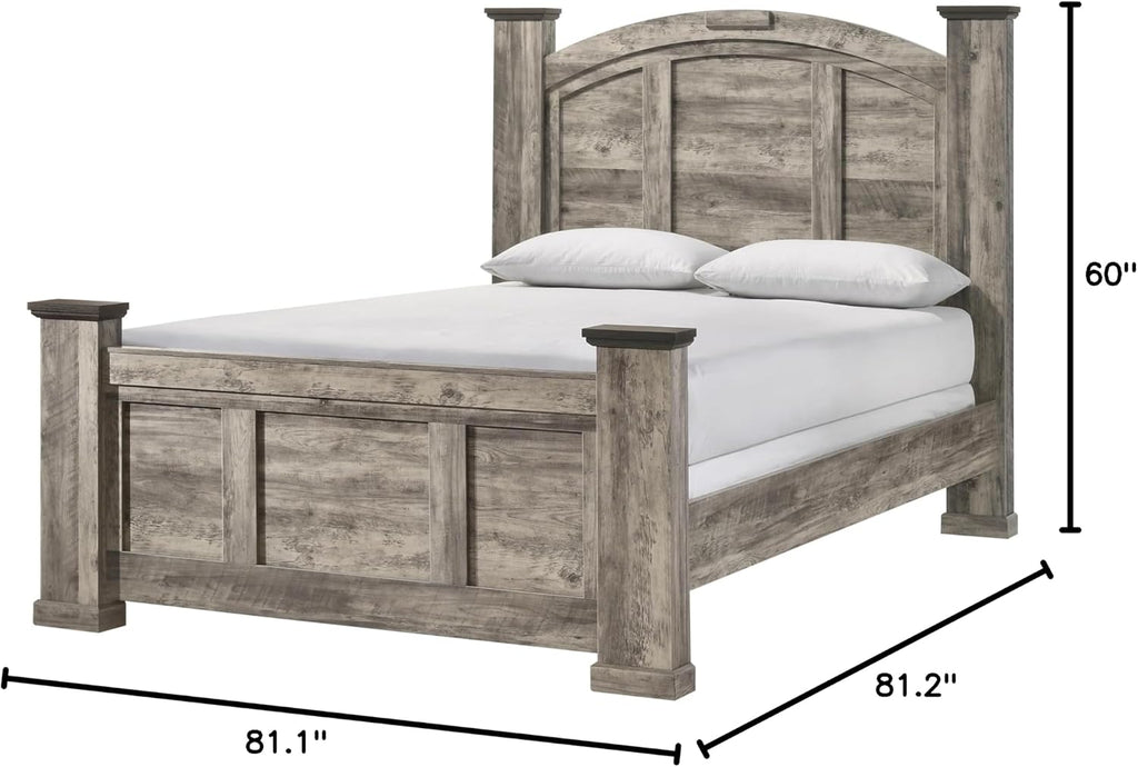 Rustic Gray Poster King Size 5pc Panel Bed Set Storage Wooden Solid Wood Bedroom Furniture
