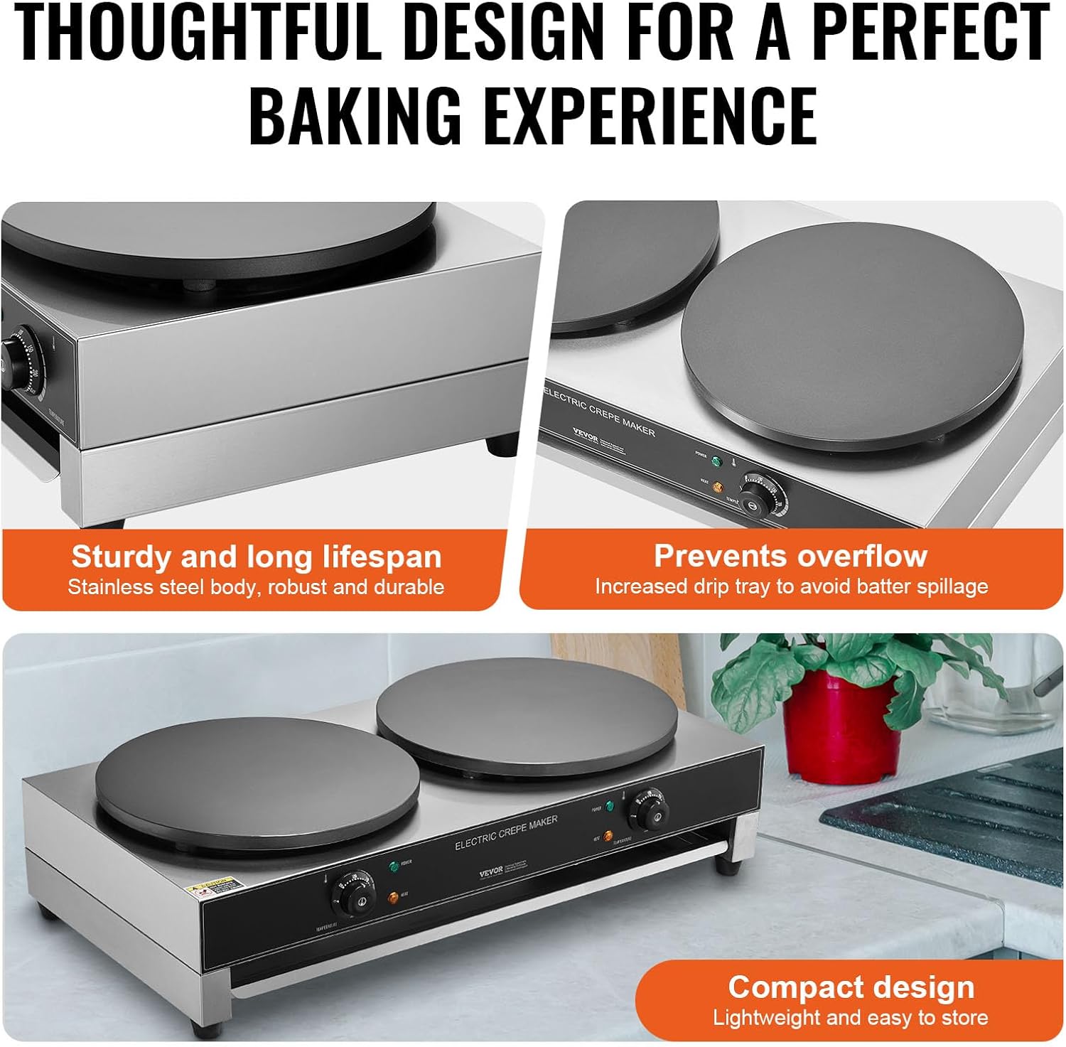 VEVOR Electric Crepe Maker, 16-Inch Double Head Commercial Crepe Machine, 3400W Flat Plate Crepe Griddle, Nonstick Stainless Steel Pancake Making, Desktop Circular Cereals Pancake Stove, AC120V 60Hz