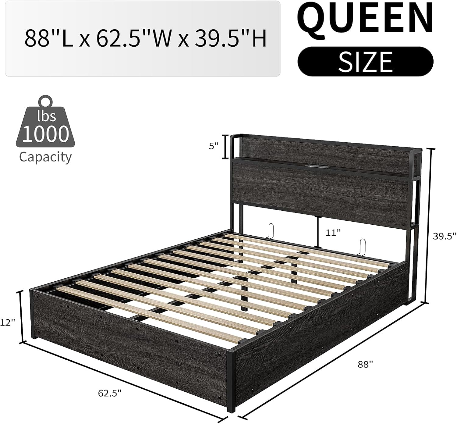 LUXOAK 3 Pieces Bedroom Sets, Includes Queen Size Lift Up Storage Bed with Storage Headboard & Charging Station, 2 Drawers Farmhouse Nightstand Set of 2 with Charging Station, Black
