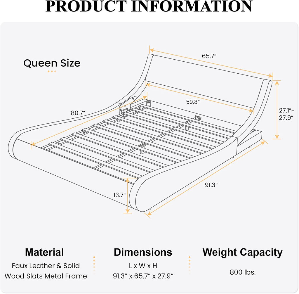 SHA CERLIN Modern Low Profile Platform Bed Frame Queen Size, Stylish Faux Leather Upholstered Sleigh Bed with Adjustable Headboard, No Box Spring Needed, Black&White