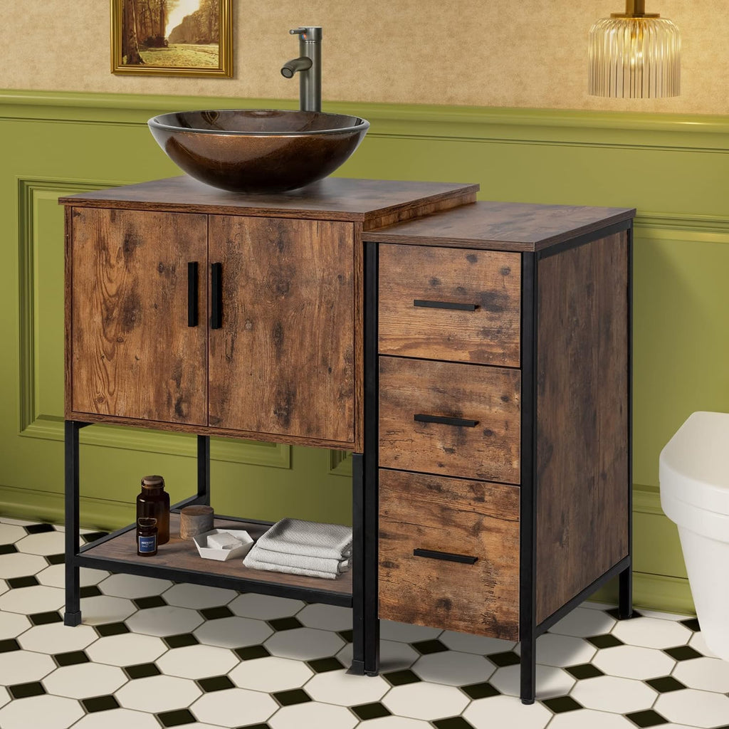 UEV 36' Antique Bathroom Vanity, Dark Brown Bathroom Vanity Set with Sink and 3 Drawers Side Cabinet Combo, Iron Wood Bathroom Cabinet with Adjustable Water Temperature Faucet (A09-NEW)