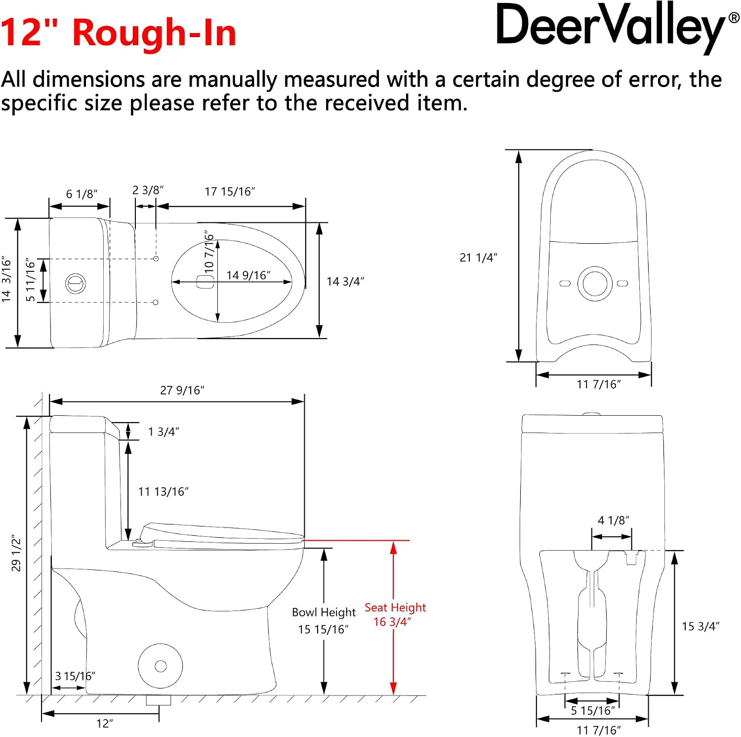 DeerValley DV-1F52816 Ally White Ceramic Standard Comfortable Seat Height Elongated Dual Flush One Piece Toilet with Soft Closing and Quick Release Toilet Seat