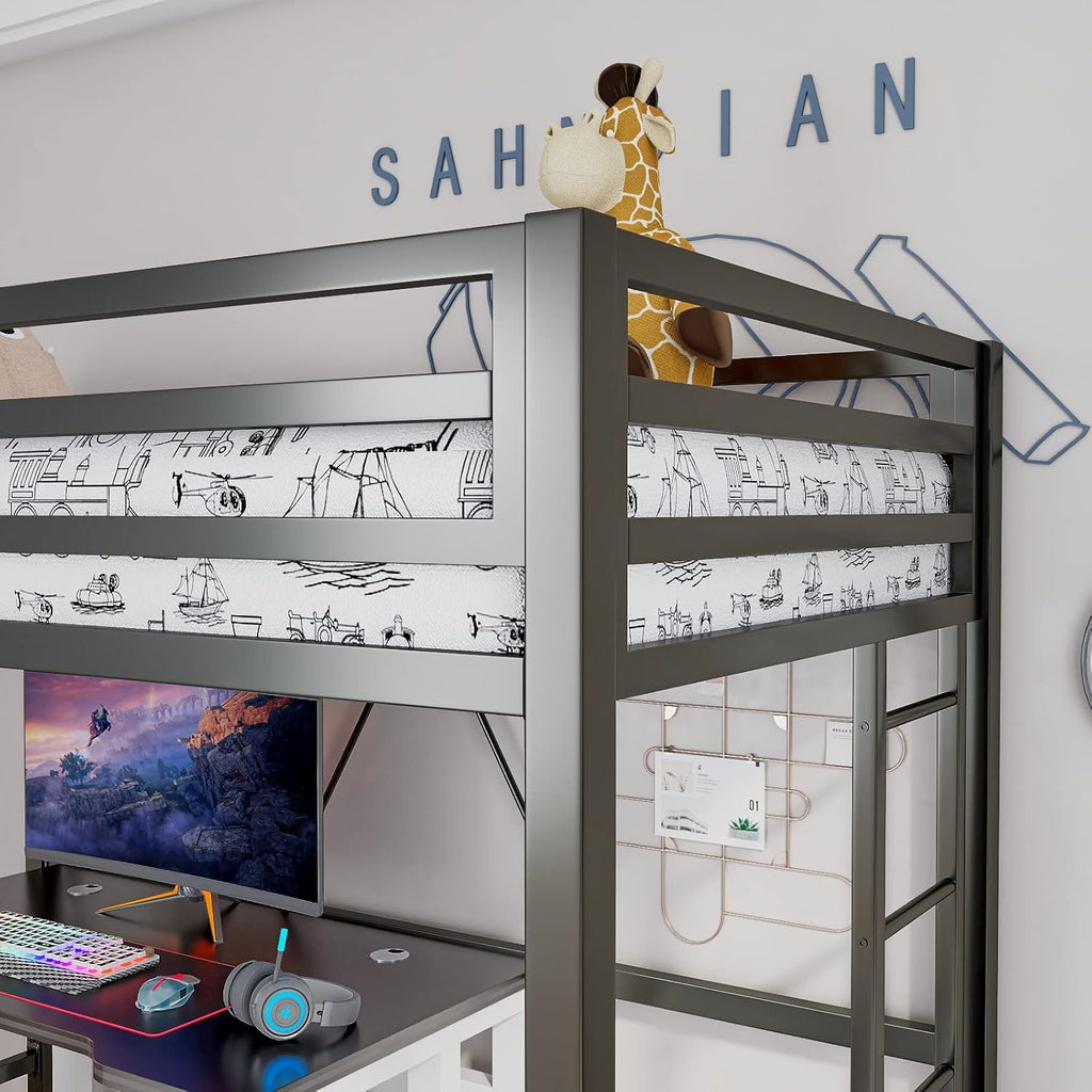 ikalido Metal Loft Bed Twin Size with Safety Guardrail and Ladder, No Box Spring Needed Space Saving Bedroom Furniture, Matte Black