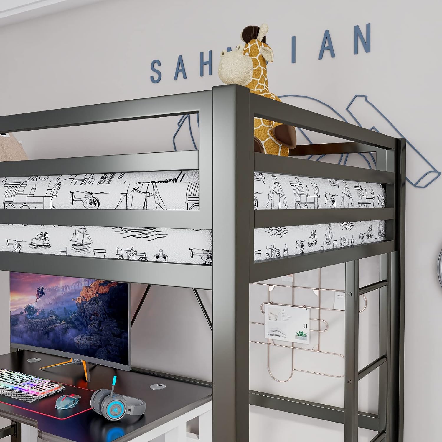 ikalido Metal Loft Bed Twin Size with Safety Guardrail and Ladder, No Box Spring Needed Space Saving Bedroom Furniture, Matte Black