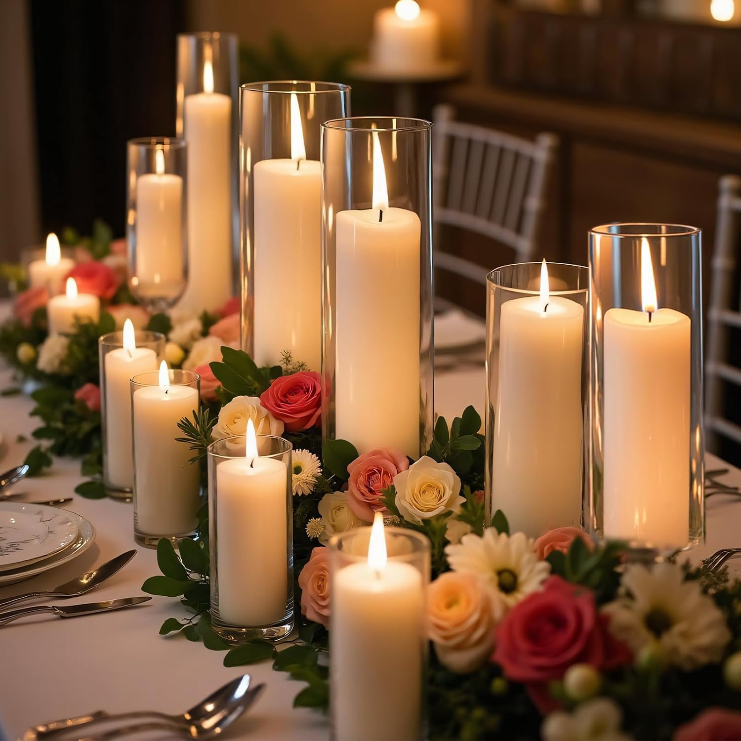 72 PCS White Pillar Candles with Glass Candle Holders Clear Hurricane Candle Holders Glass Cylinder Vases for Centerpieces Wedding Party, Event, Home Office (36 Candles+36 Candle Hoders)