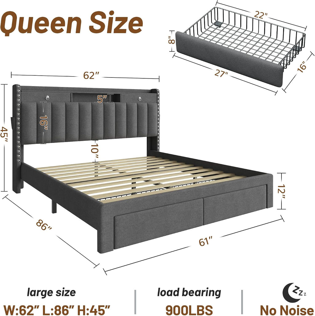 CypBed Queen Bed Frame with Headboard, Upholstered Platform Bed Frame Queen Size with 4 Storage Drawers, 3 USB & Type-C Charging Ports, Solid Wood Slats, No Box Spring Needed, No-Noise, Dark Grey,Gift