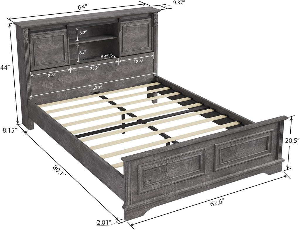 BLANKSPACE Queen Size Bed Frame with Storage Headboard, Charging Station, Farmhouse Bed Frame with Wood Bookcase and Sliding Barn Doors, Noiseless,No Box Spring Needed (Grey)