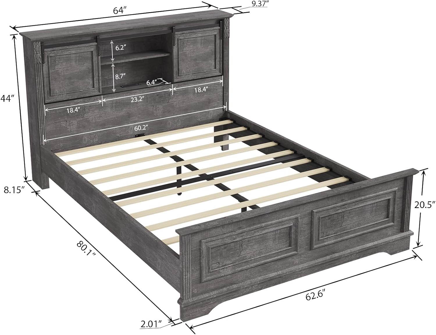 BLANKSPACE Queen Size Bed Frame with Storage Headboard, Charging Station, Farmhouse Bed Frame with Wood Bookcase and Sliding Barn Doors, Noiseless,No Box Spring Needed (Grey)