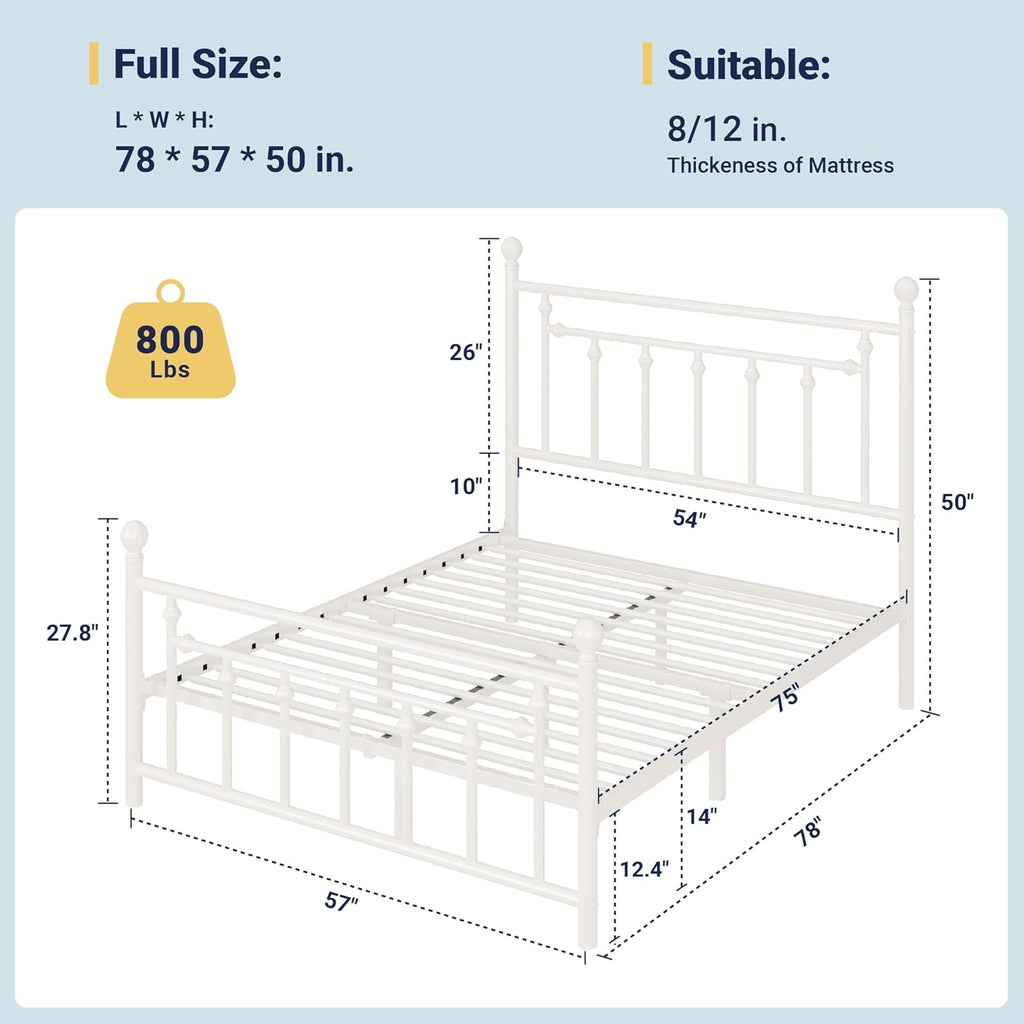 Allewie 14 Inch Full Size Metal Platform Bed Frame with Victorian Vintage Headboard and Footboard/Mattress Foundation/Under Bed Storage/No Box Spring Needed/Easy Assembly/Noise Free/White