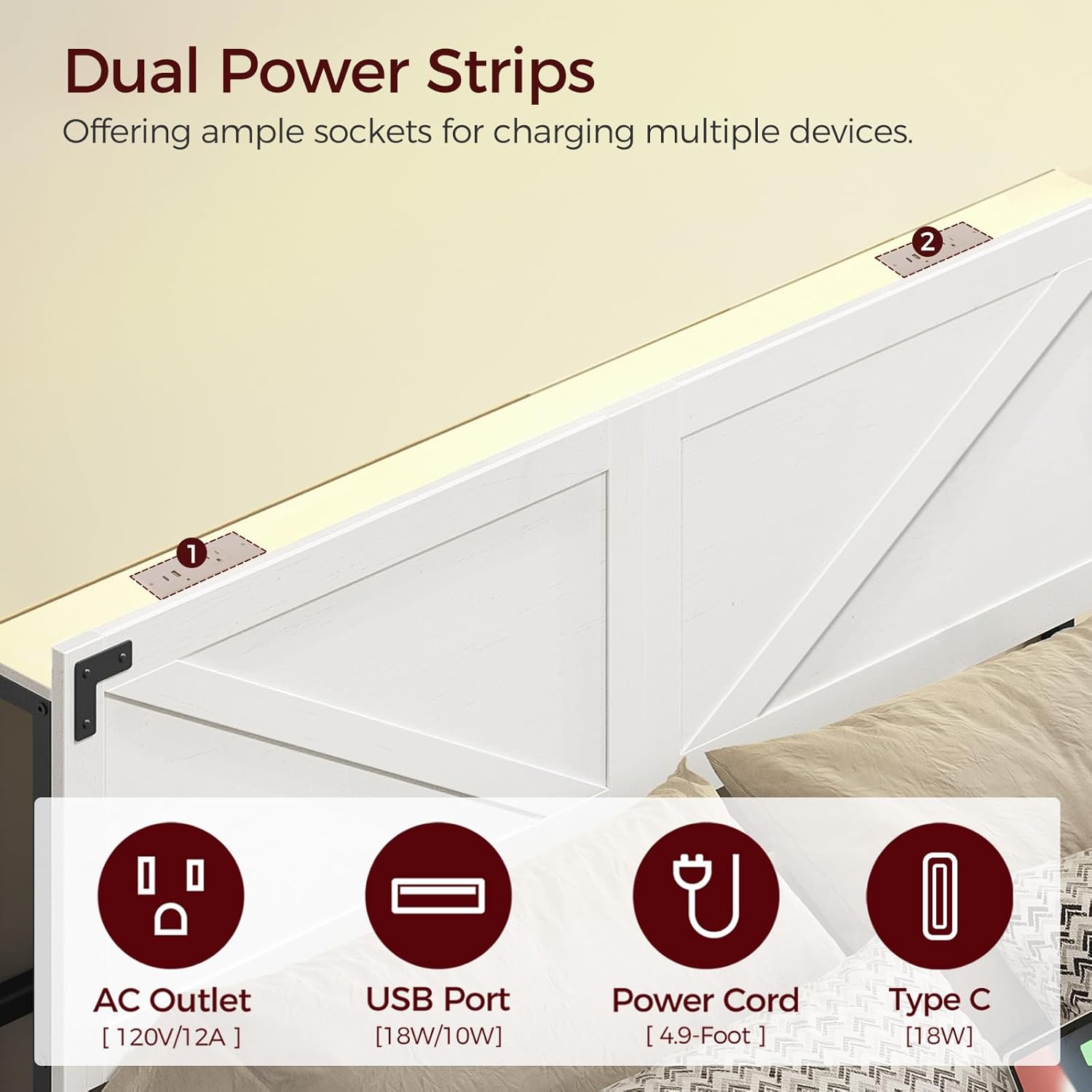 MAHANCRIS Queen Size Headboard Only, Headboard with 2 Outlets and 2 USB Ports, Farmhouse Headboard, with LED Lights, Secure Storage with Raised Fence, with Bed Frame Adapter, White and Black