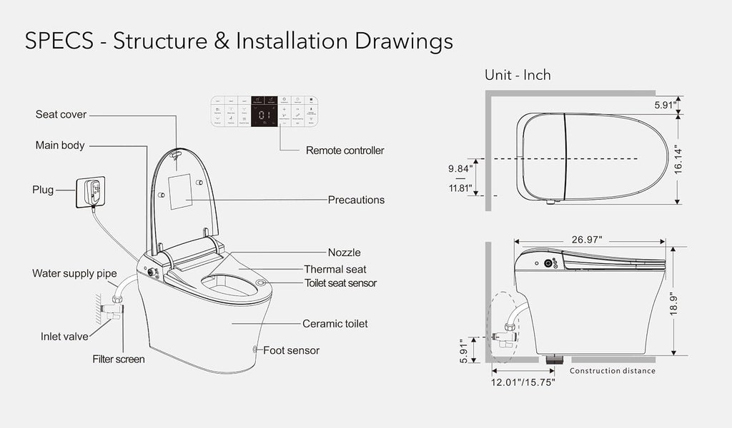 EUROTO Smart Toilet with Auto Open/Close Lid, Foot Sensor Flush, Instant Warm Water, Heated Seat, Warm Air Dryer, Night Light, Dual Flush Bidet