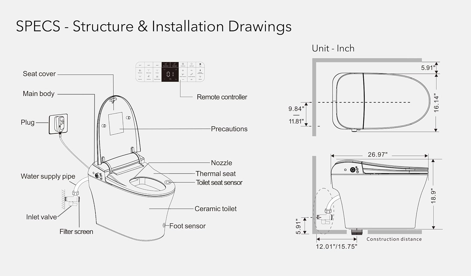 EUROTO Smart Toilet with Auto Open/Close Lid, Foot Sensor Flush, Instant Warm Water, Heated Seat, Warm Air Dryer, Night Light, Dual Flush Bidet