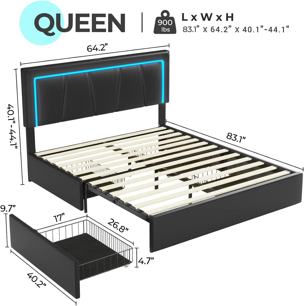 Hasuit Queen Bed Frame with 4 Storage Drawers Underneath, Upholstered Platform Bed Queen Size with Artificial Leather Headboard, Modern Bed with LED Light, and Charging Station, Black