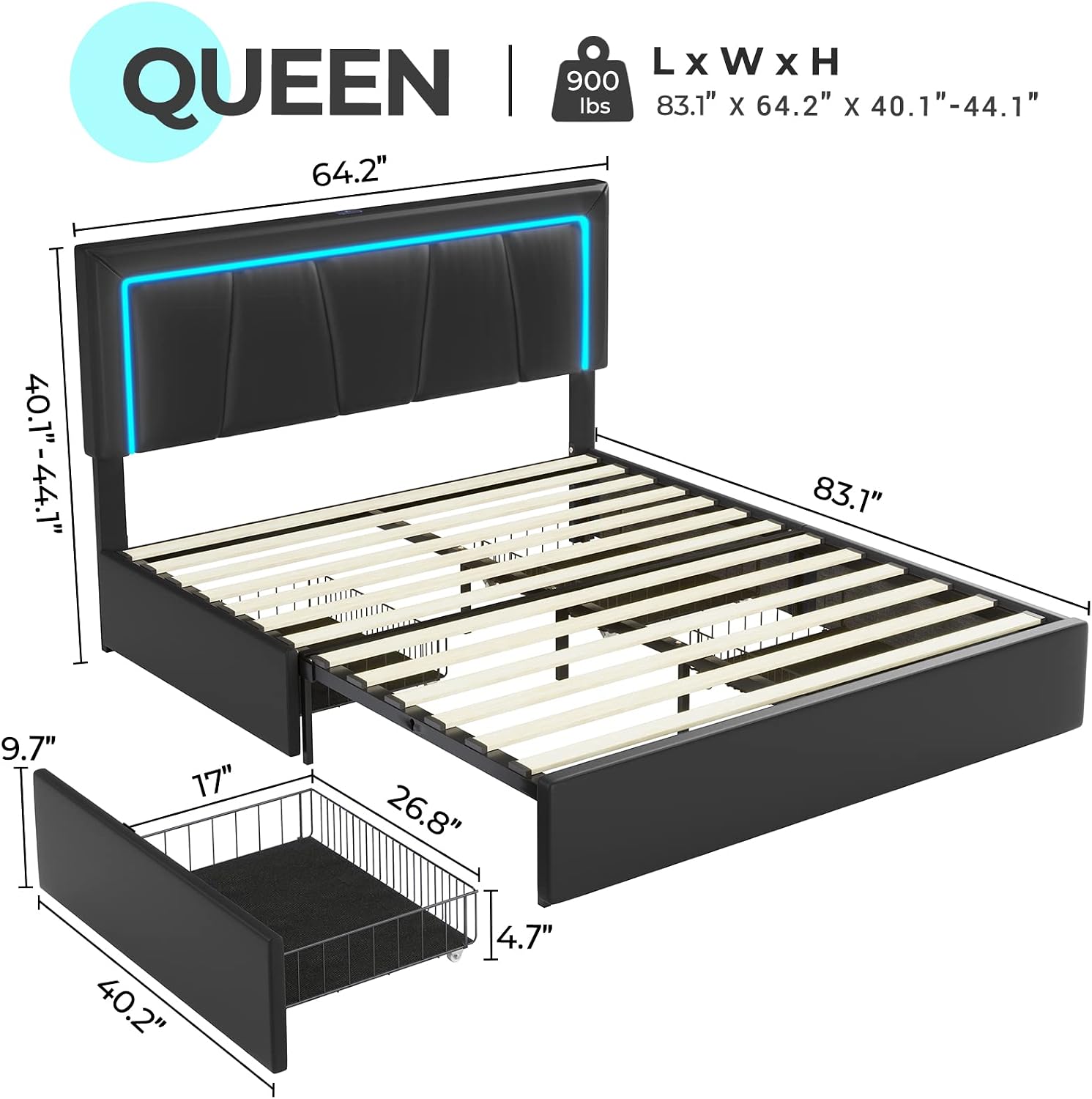 Hasuit Queen Bed Frame with 4 Storage Drawers Underneath, Upholstered Platform Bed Queen Size with Artificial Leather Headboard, Modern Bed with LED Light, and Charging Station, Black