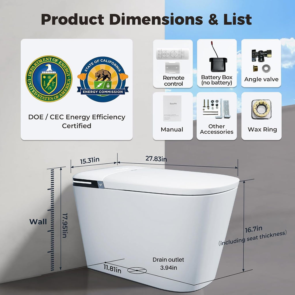 Smart Toilet with Bidet Built In & Foam Shield, Supports Cleaning Tablets, Auto Open/Close, Built-in Tank, Foot Sensor Flush, Heated Seat, Warm Dryer, One Piece Elongated Toilet (ZYC8A)