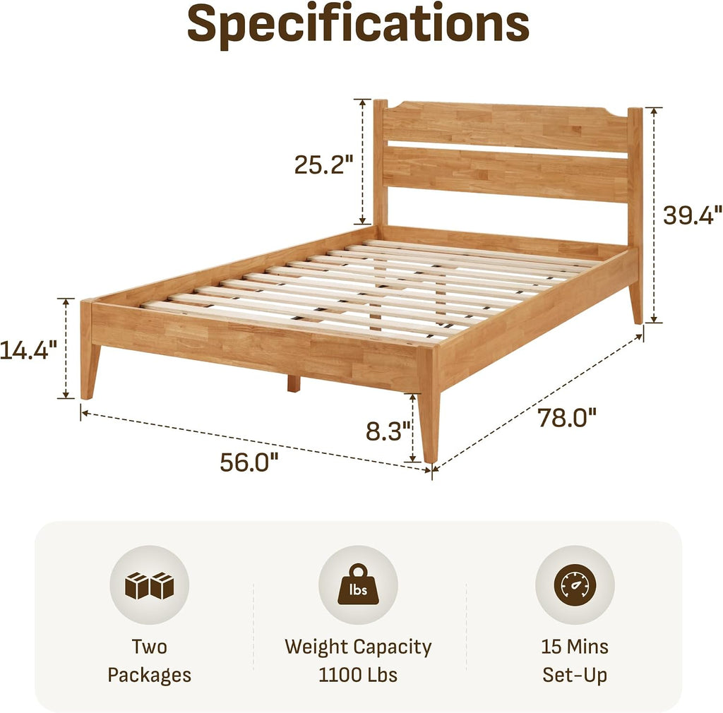 Softa Full Solid Wood Bed Frame with 10' Hybrid Mattress, 1100 Lbs Heavy Duty Rubberwood Platform Bed, 15-Min Tool-Free Assembly, Quiet Stable Support, Japanese Design, No Box Spring Needed