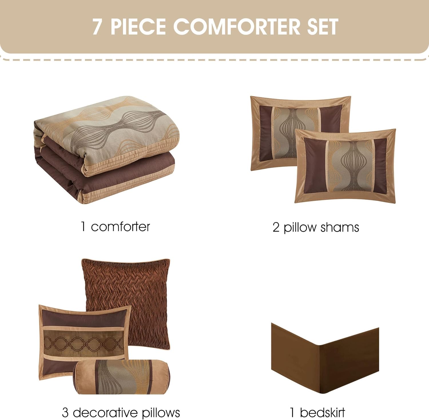 Grand Avenue Elegant Full Bed Comforter Set 7 Piece Bed in a Bag, Jacquard Bedding Set for All Season,Striped, Brown Comforter, Matching Decorative Pillows, Pillow Sham