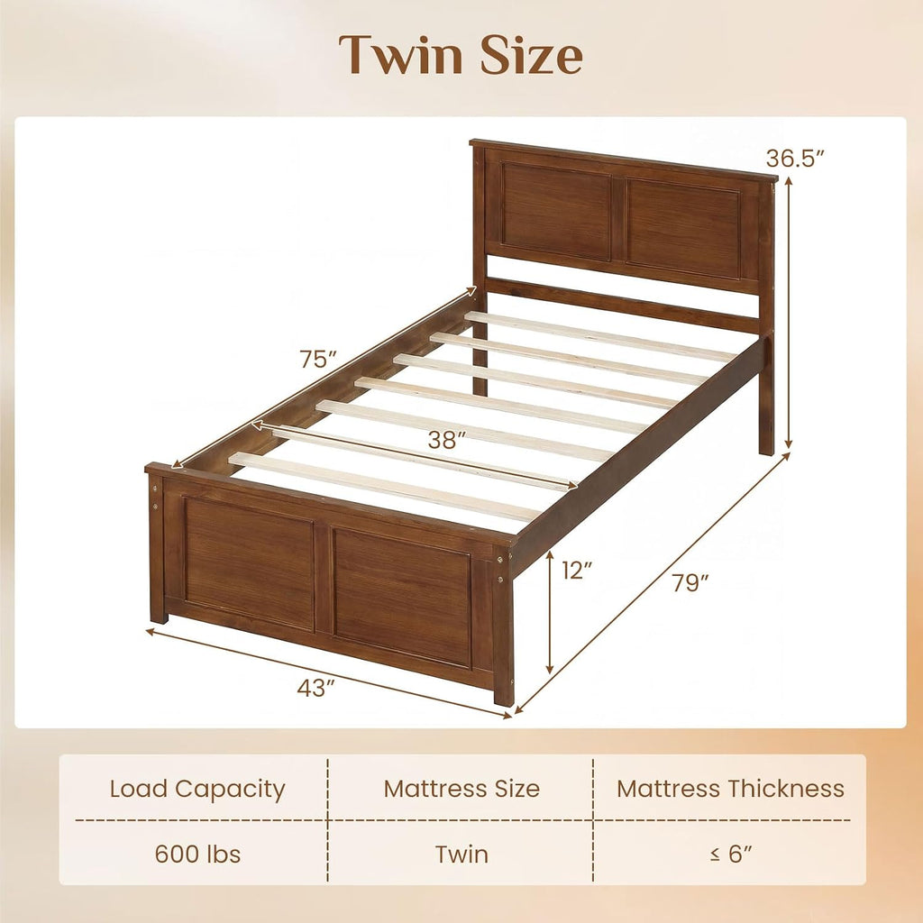 Giantex Wood Twin Bed Frames with Headboard, Farmhouse Solid Platform Bed w/Wooden Slat Support Mattress Foundation, Under-Bed Storage, No Box Spring Needed, Walnut