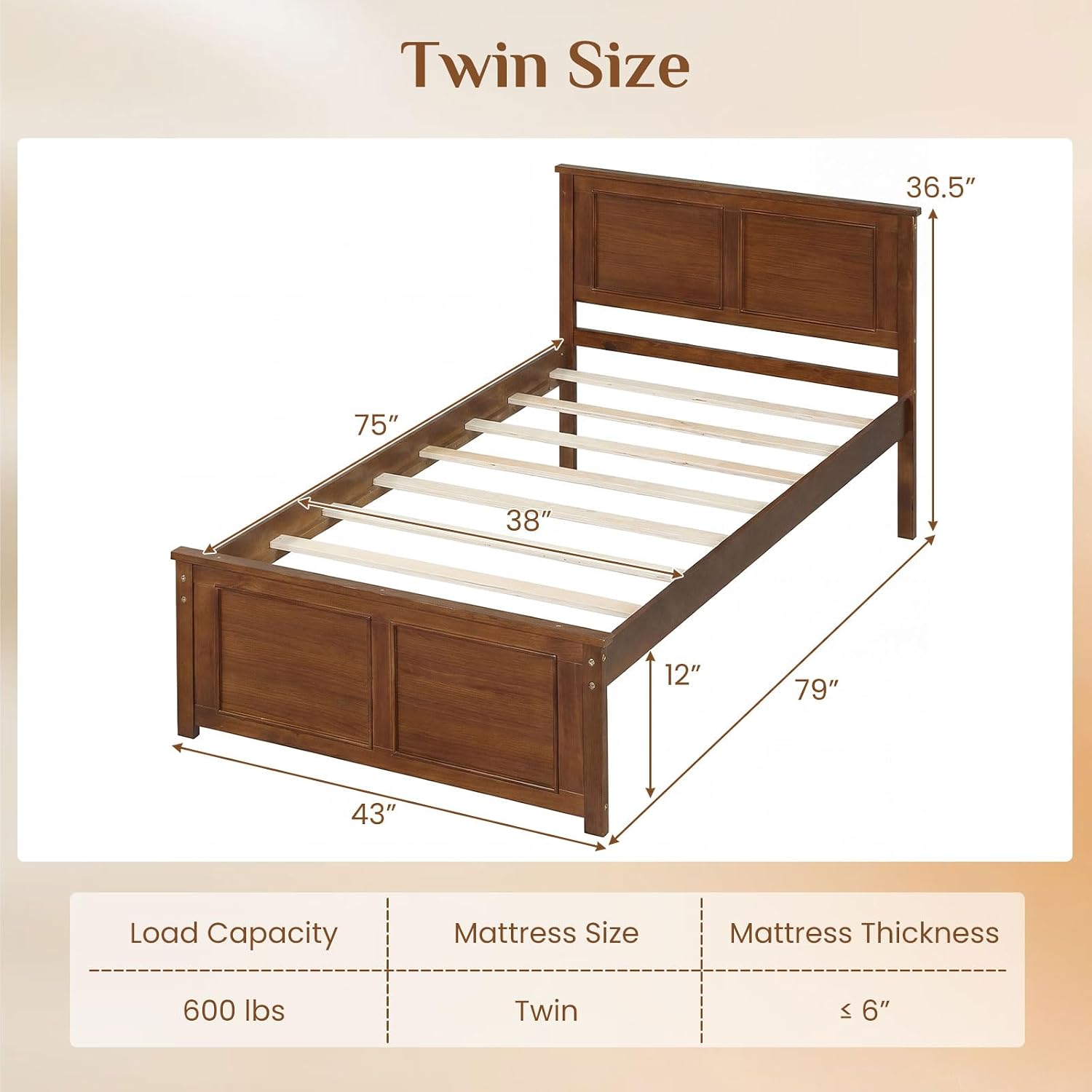 Giantex Wood Twin Bed Frames with Headboard, Farmhouse Solid Platform Bed w/Wooden Slat Support Mattress Foundation, Under-Bed Storage, No Box Spring Needed, Walnut
