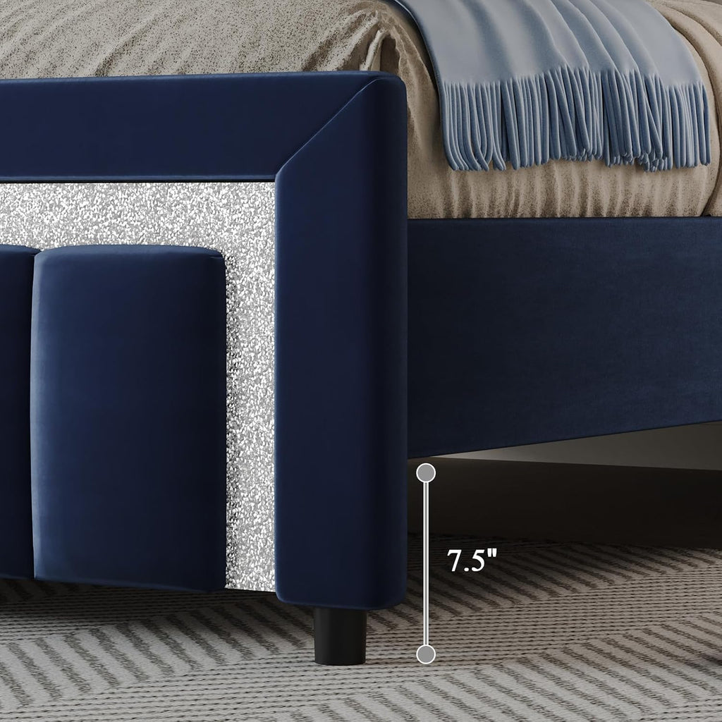 HOMBCK Full Size Bed Frame with Upholstered Headboard and Footboard, Full Size Upholstered Bed Frame with Diamond Design, No Box Spring Needed, Easy Assembly, Blue
