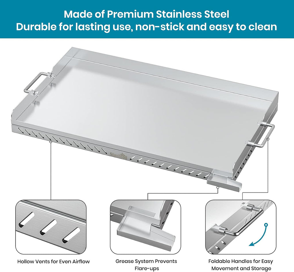 Stanbroil Stainless Steel Flat Top Gas Grill Griddle for Blackstone 2 Burner Propane Fueled Grill Front Grease Management System - 28 Inches