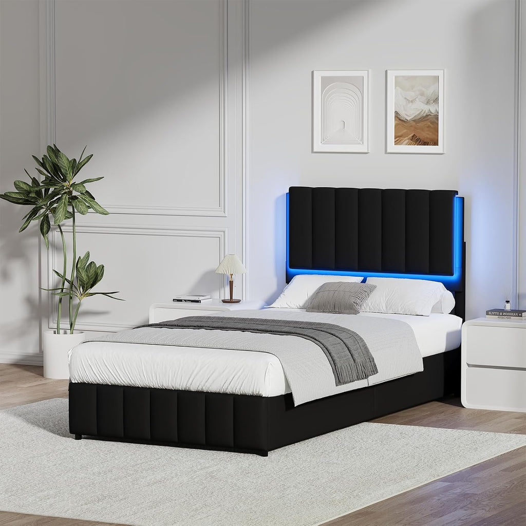 REVOMINCA Twin Upholstered Bed Frame with LED Lights, Faux Leather Platform Bed with Headboard and Wooden Slats Support, No Box Spring Needed, Noise-Free, Easy Assembly, Black