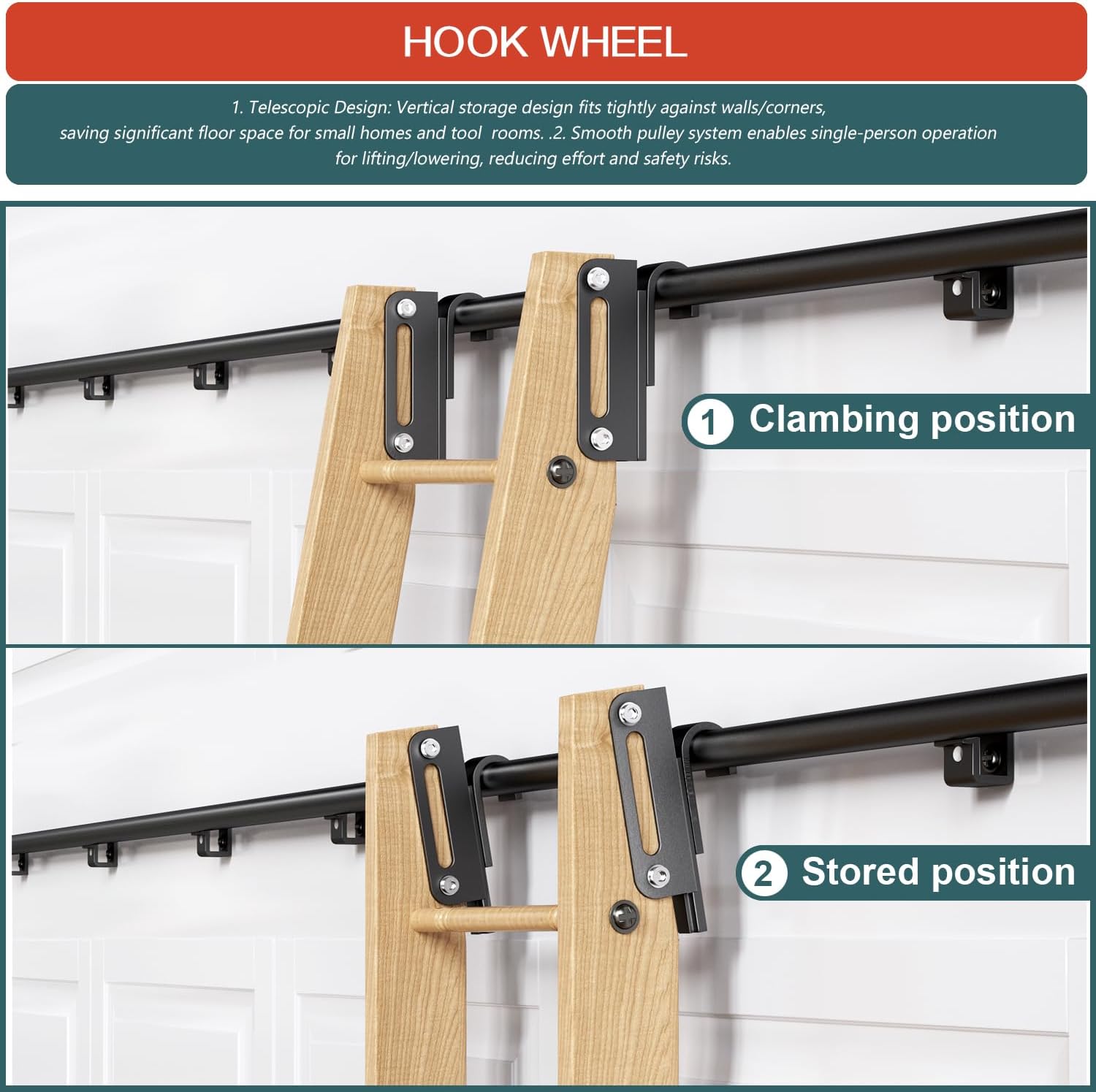 12FT Sliding Library Ladder Hardware Kit,Black Telescopic Top Hook,Bottom Wheel with Brake,MAX Load 300lbs,No Ladder