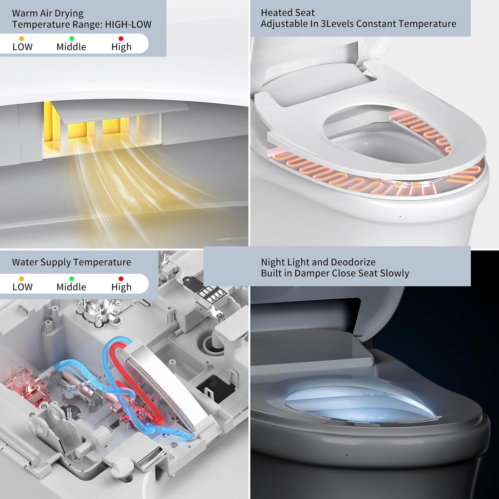 Bidet Toilet Seat Elongated, Unlimited Warm Water, Heated Toilet Seat, Warm Air Dryer, Rear and Front Washing, Soft Closed Toilet Lid, Night Light, Requires Outlet,white