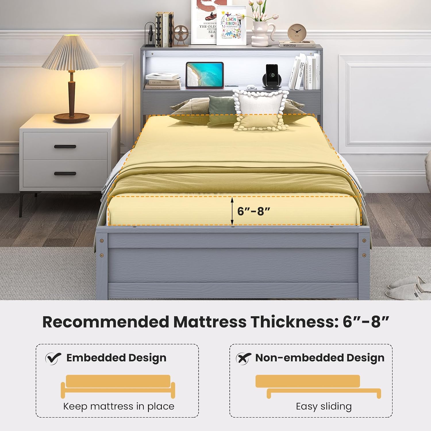Giantex Twin Bed Frames with Storage Headboard, Wood Platform Bed with Charging Station & LED Light, Single Bed with Slats Support, Under-Bed Space, Twin Bed Frames for Kids Girls Boys (Grey)