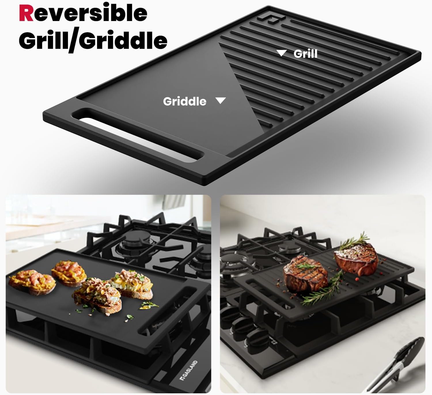 GASLAND 24 Inch Gas Cooktop with Griddle 4 Burners, GH60EF Drop-in Propane Stove Top with Thermocouple Protection, LPG/NG Convertible Dual Fuel Natural Gas Hob, Black